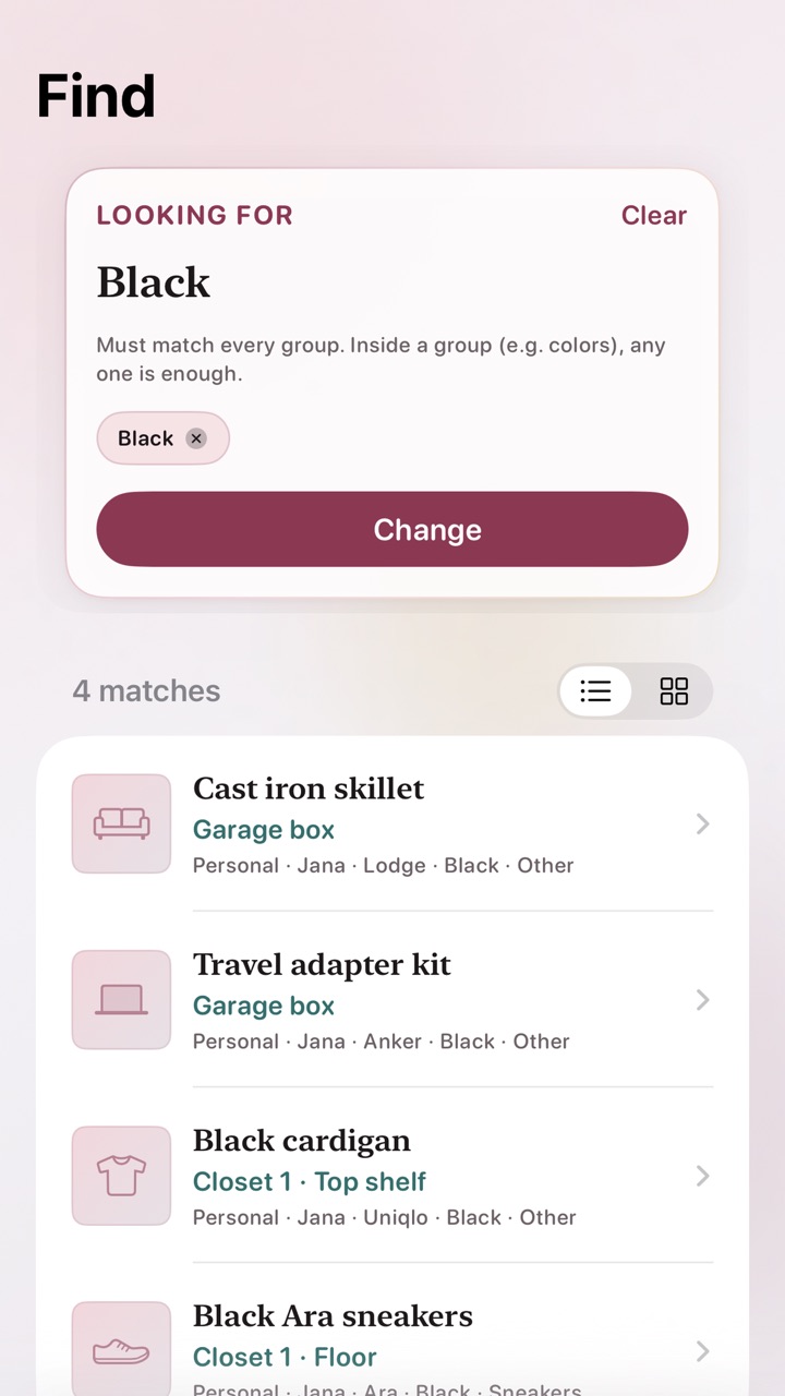 Nestlogue search showing an item and its saved location