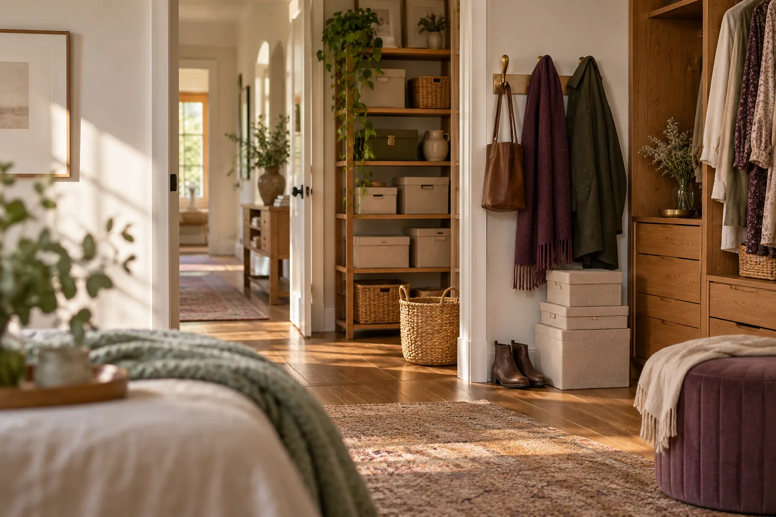 A calm, organized dressing room with clothes and personal belongings arranged at home