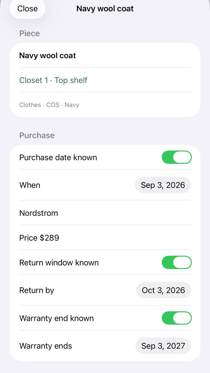 Warranty details shown in Nestlogue